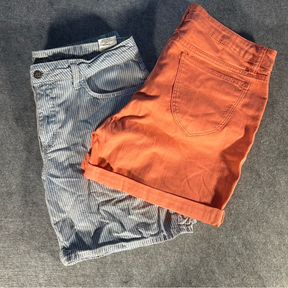 2 pair of Lee mid-rise shorts, size 10, one coral, one blue and white striped